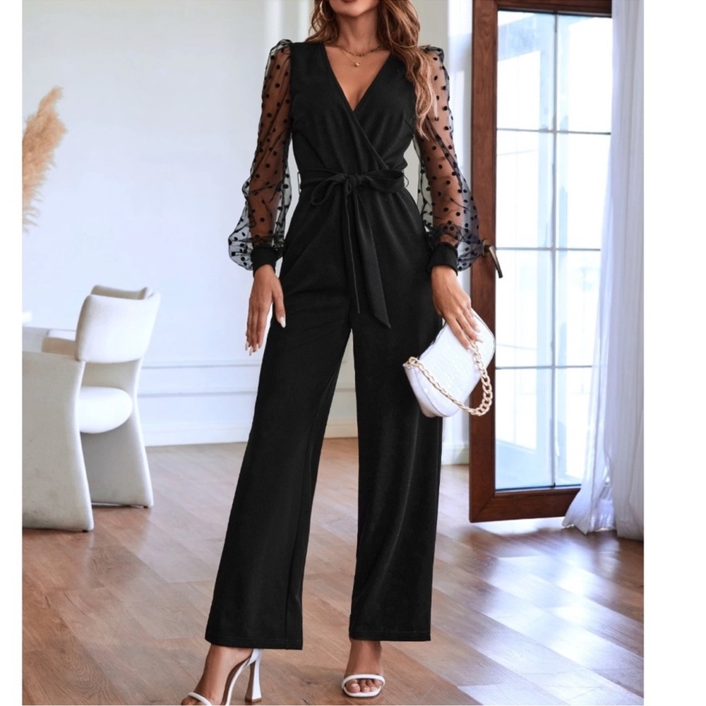 Classic Polka Dot Semi Sheer Long Sleeve Belted Straight Leg Jumpsuit S M L XL